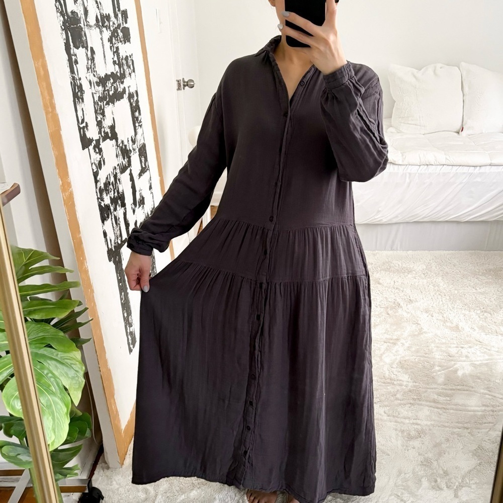 CP SHADES Long Sleeves Button Down Cotton Grey Maxi Dress XS